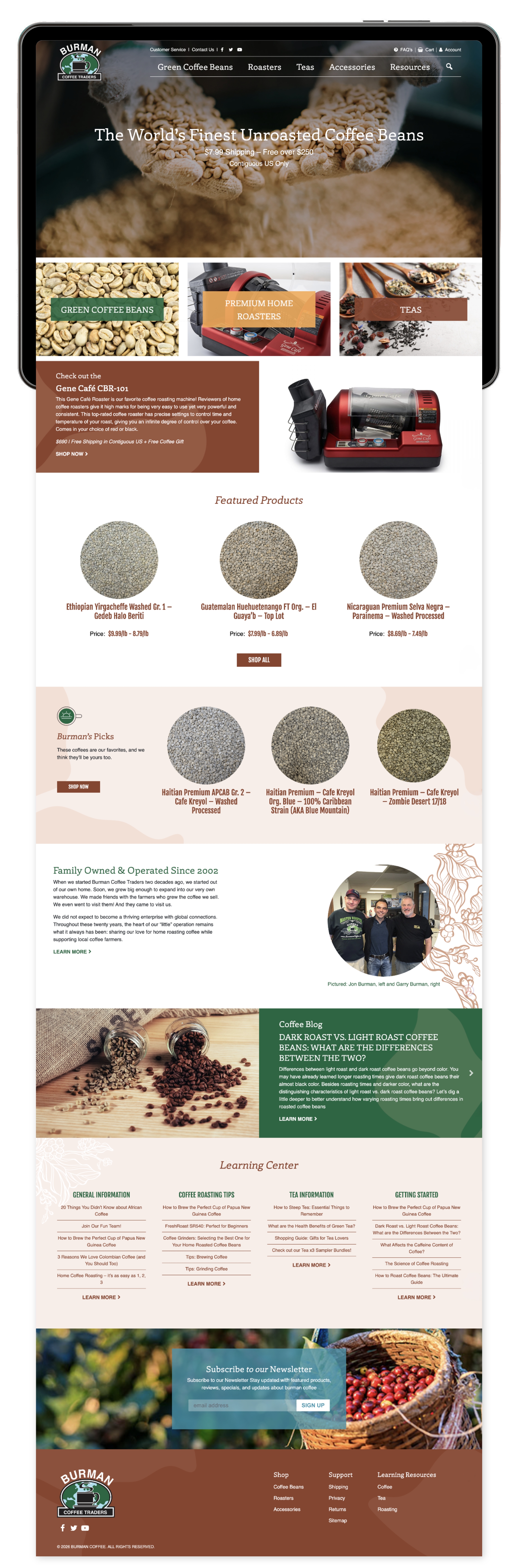 the full homepage mock for Burman Coffee Traders