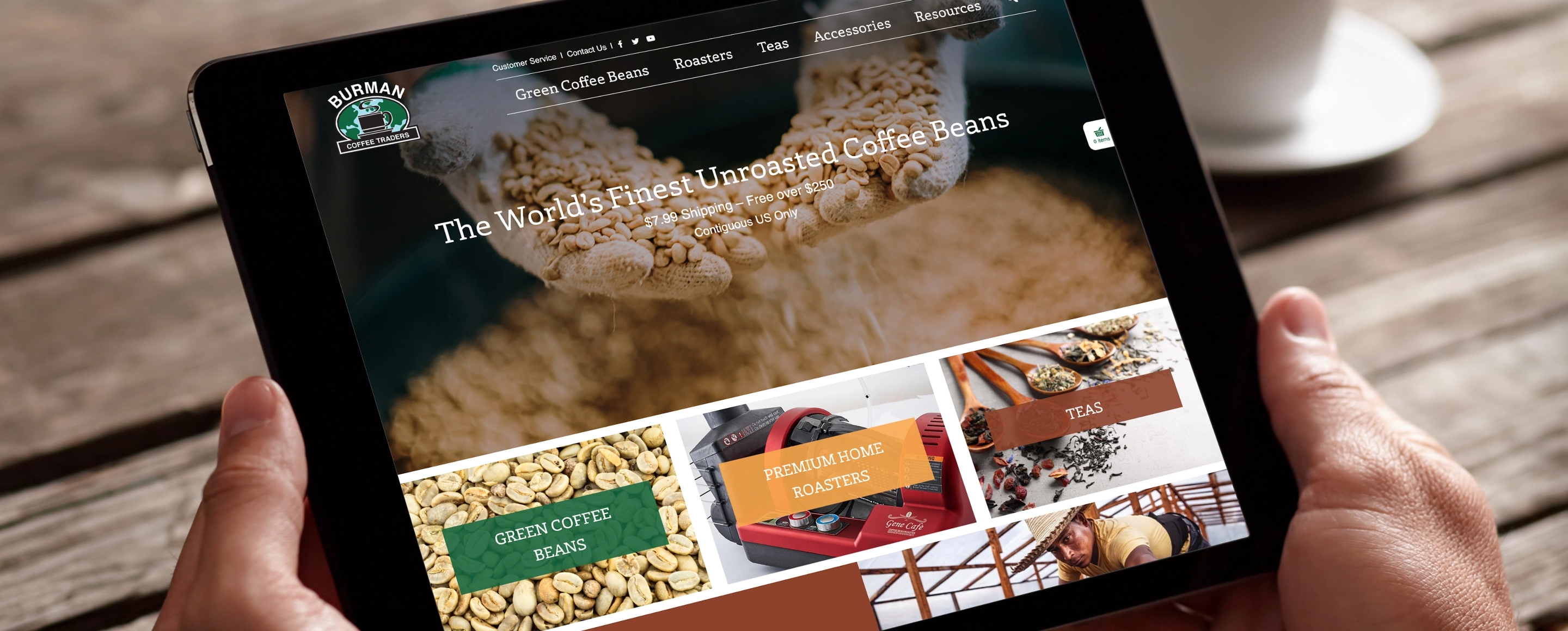 the Burman Coffee Traders homepage on a tablet